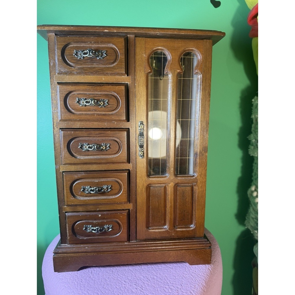 Large Armoire-Style Jewelry Box with Glass Door & 5 Drawers 14×10×5.75 Inches